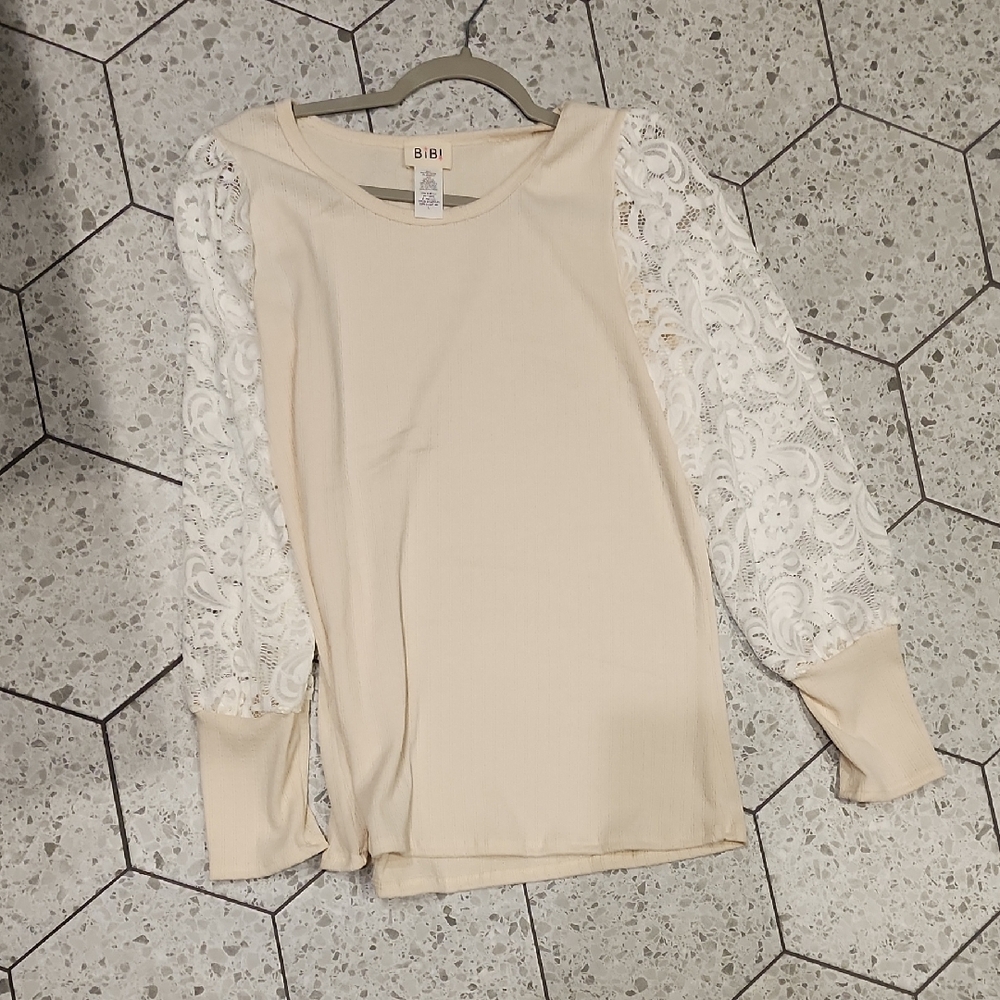 BiBi Cream Blouse with White Lace Sleeves